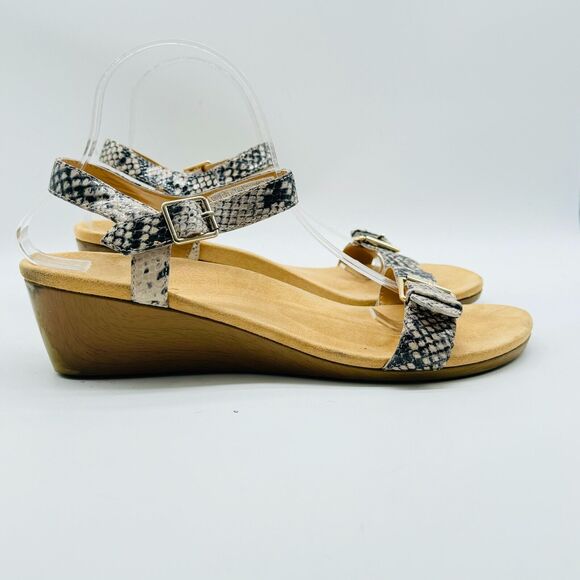 Vionic Sandals Womens 11 Brown Gray Snakeskin Wedge Ankle Buckle Straps Shoes - Picture 1 of 12